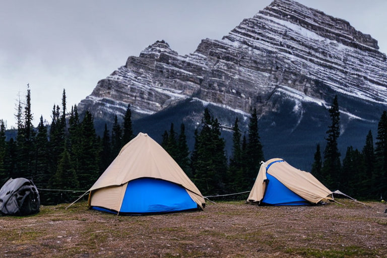 A cozy blue and gray tent rests beside a glowing campfire under a star-filled sky. Fog drifts around the small trees, picnic table, and clothesline, while tall mountains rise in the distance.