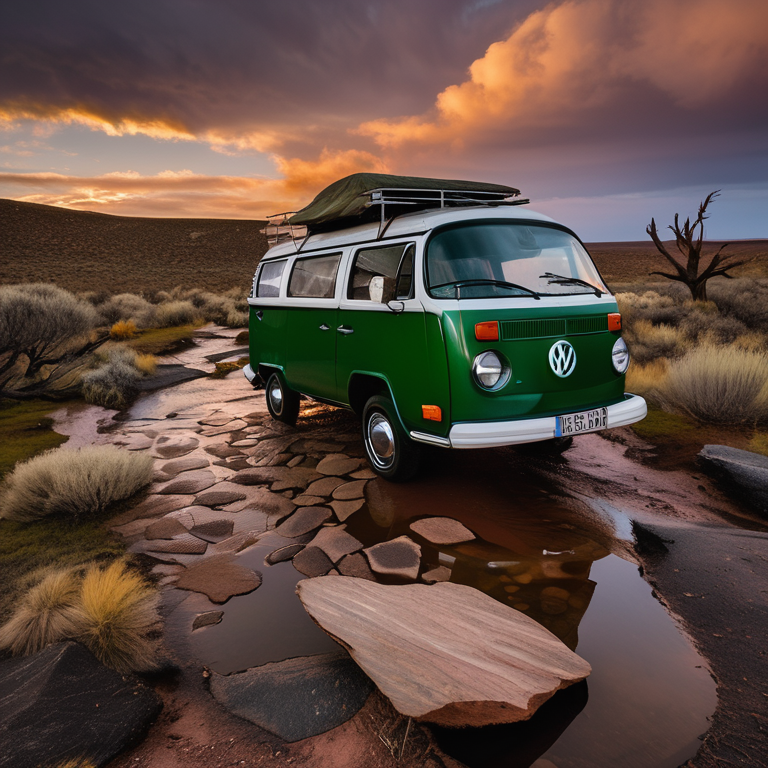 A green VW campervan rests in a rainy petrified forest at sunset. A small stream winds through the campsite, bordered by large stone slabs and fallen leaves. In the distance, a person’s flashlight glows softly.