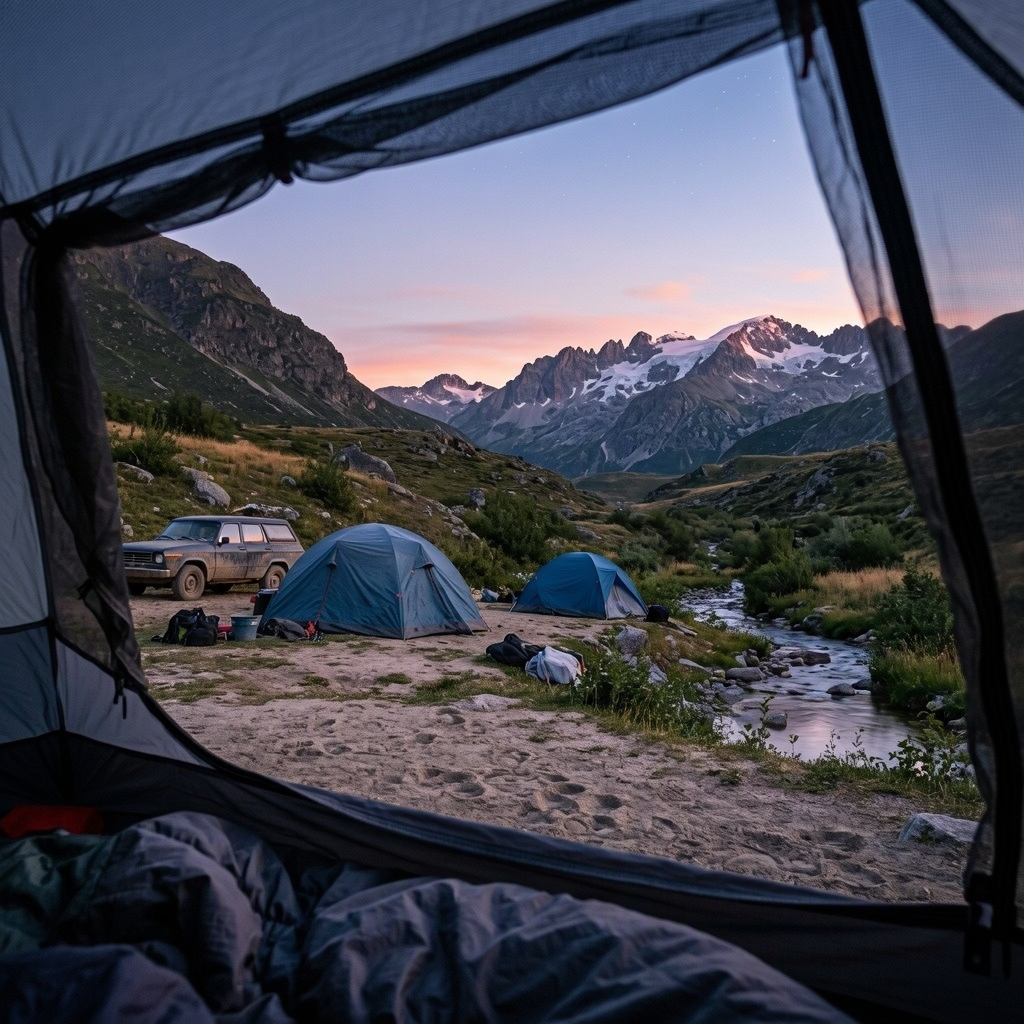 From inside a tent, a campsite sits beside a stream below snowy peaks. The mesh frames two blue tents and an old car beneath a pink dusk sky.