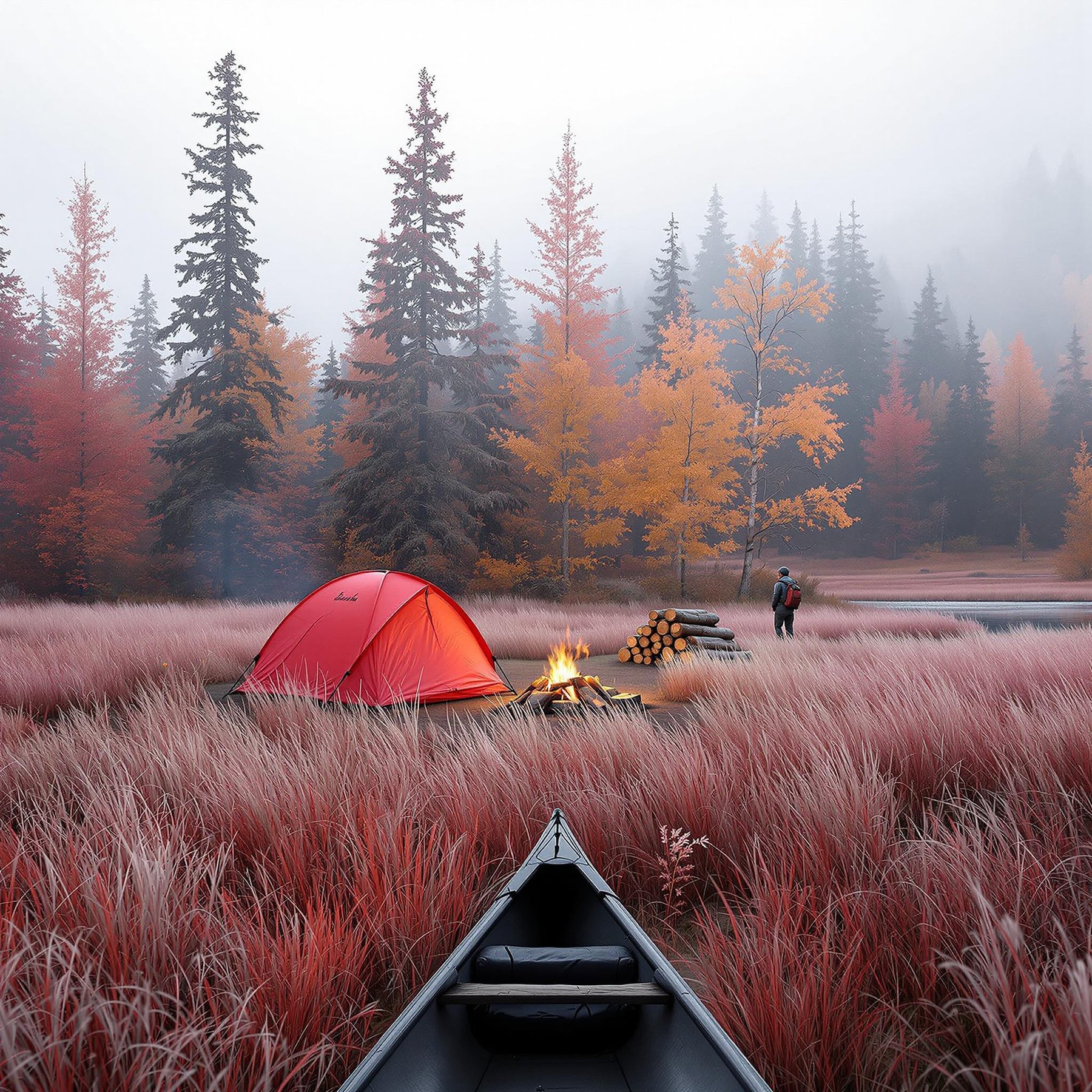 A cozy red tent sits in a field of pink grass, with a warm campfire glowing nearby. Tall trees with colorful autumn leaves surround the campsite, creating a magical forest. The peaceful atmosphere is perfect for a quiet adventure by the misty lakeside.