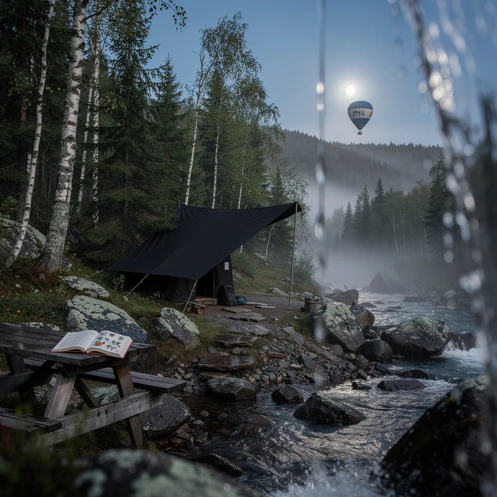 A cool blue moonrise lights a quiet forest campsite beside a rocky stream, with mist from a small waterfall drifting through the air. A matte-black lean-to sits on the stony ground near a weathered picnic table with an open book. Mossy spruce and birch trees crowd around lichen-covered rocks, while a tiny hot air balloon floats far off in the sky.