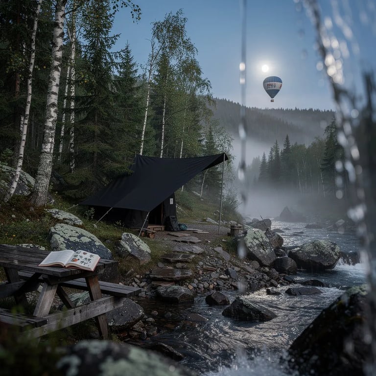 A cool blue moonrise lights a quiet forest campsite beside a rocky stream, with mist from a small waterfall drifting through the air. A matte-black lean-to sits on the stony ground near a weathered picnic table with an open book. Mossy spruce and birch trees crowd around lichen-covered rocks, while a tiny hot air balloon floats far off in the sky.