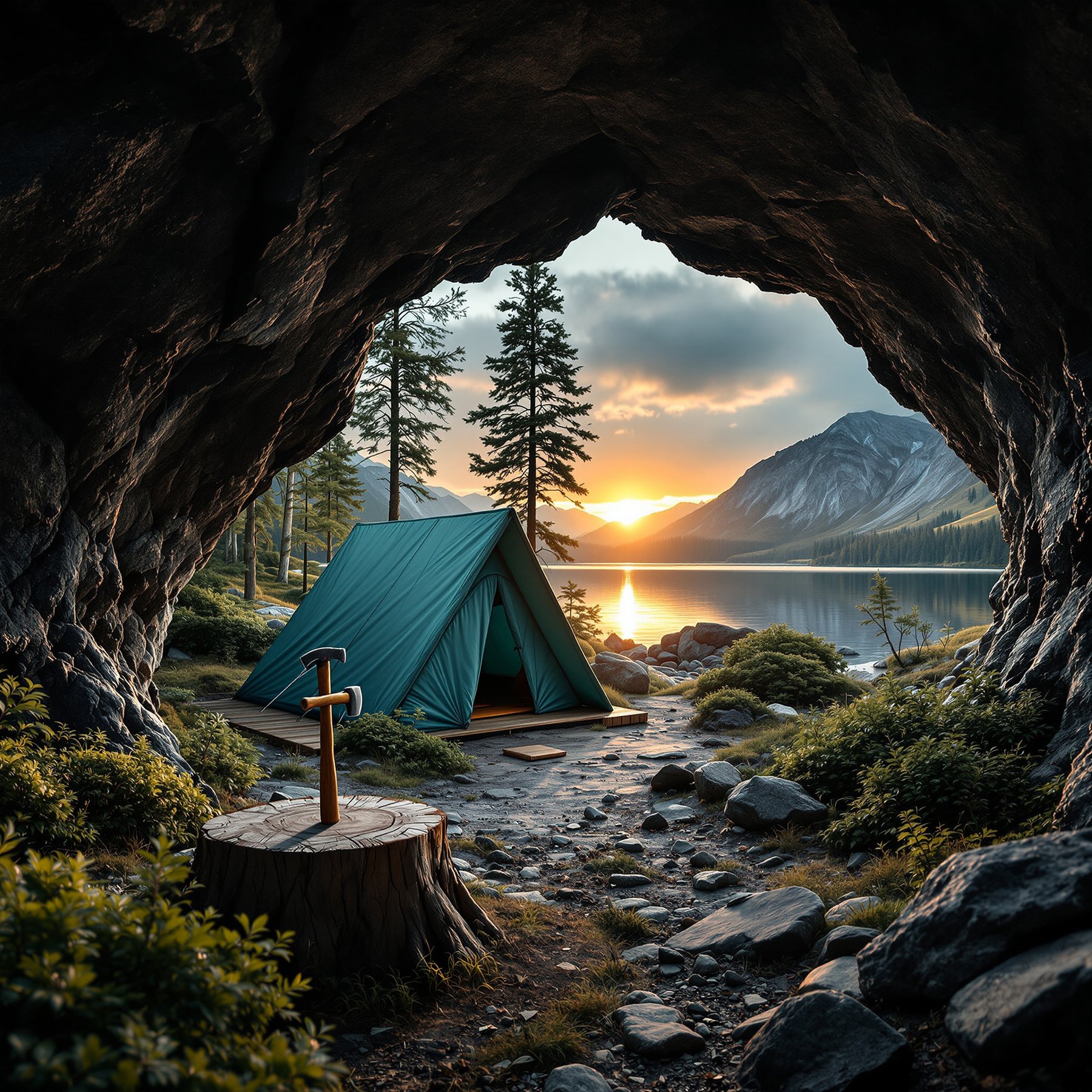 A cozy tent sits by a sparkling lake, surrounded by tall pine trees and big mountains. The sunset glows over the water, making everything feel peaceful and warm. A sword stands ready on a tree stump, adding a touch of adventure to this magical campsite.