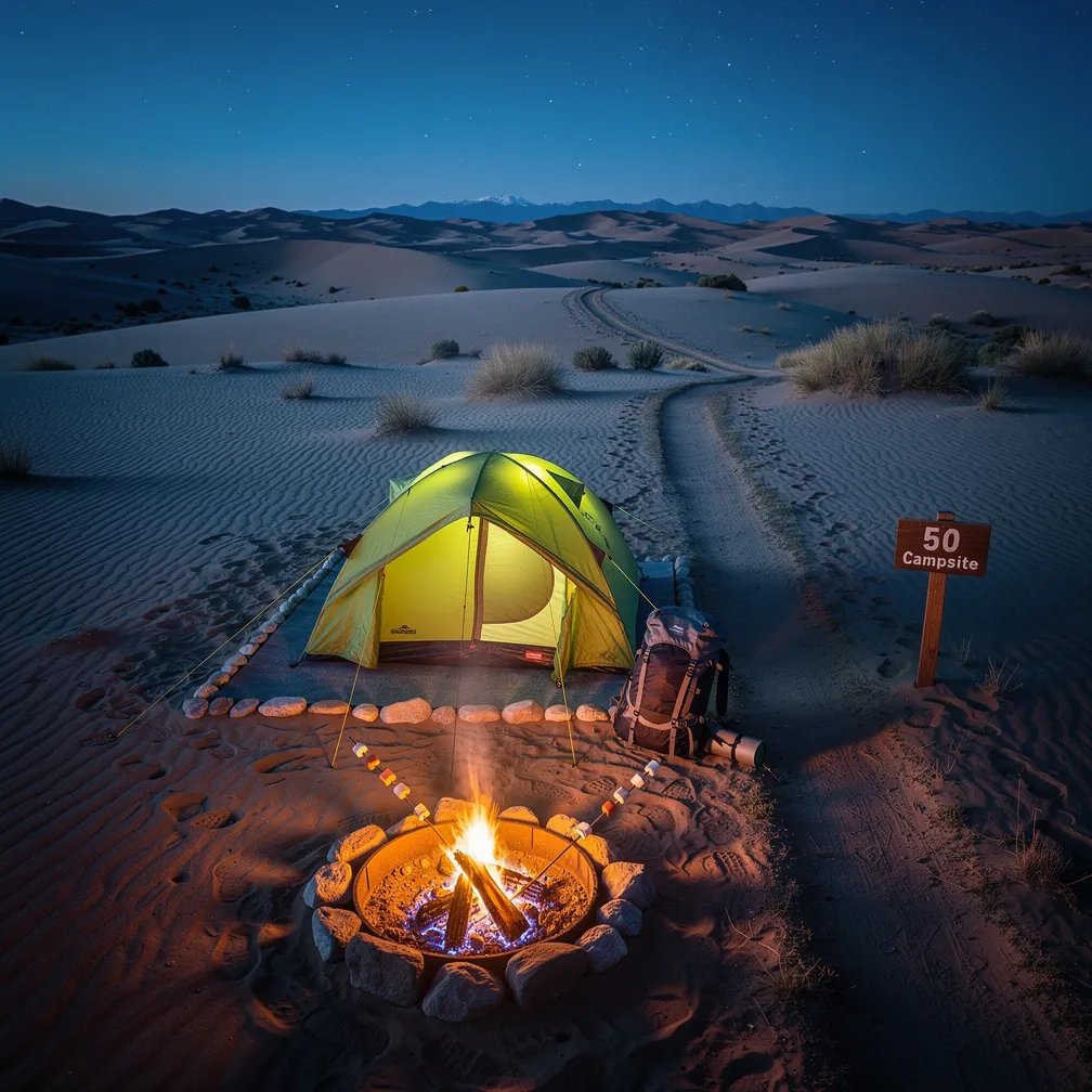 A bright green tent sits on smooth, rippled sand as the sky turns deep blue and stars begin to shine. Warm firelight and a soft lantern glow make the campsite feel cozy and calm. A backpack rests by the tent, and marshmallows toast over a tiny campfire. Near a narrow path, a wooden sign marked “50” stands by the quiet dunes.