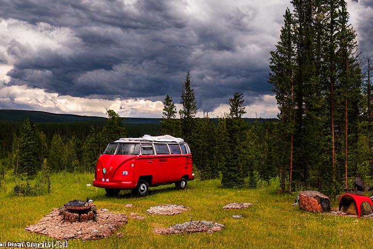 A red VW campervan rests at a quiet dirt campsite in Yellowstone. Small trees, large boulders, and a winding hiking path surround a campfire ring with logs. Stormy skies add a wild, peaceful feeling to the scene.