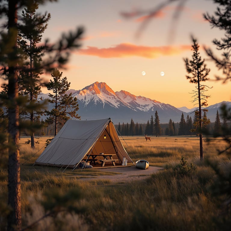 This peaceful campsite sits in a sunny meadow with tall grass and colorful trees all around. Snowy mountains glow under a sky with two shining moons, making everything feel calm and magical. A friendly deer wanders nearby, keeping watch over the tent.