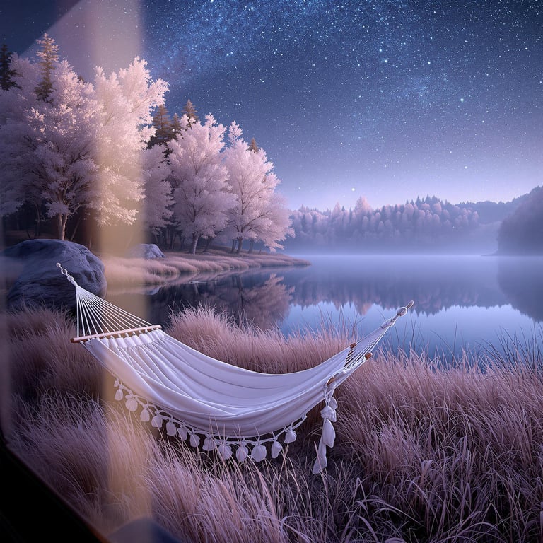 Nestled by a tranquil lake, the campsite glows under a starry night sky. A cozy hammock invites you to relax among soft, frosted trees. The air is filled with magic and peace.