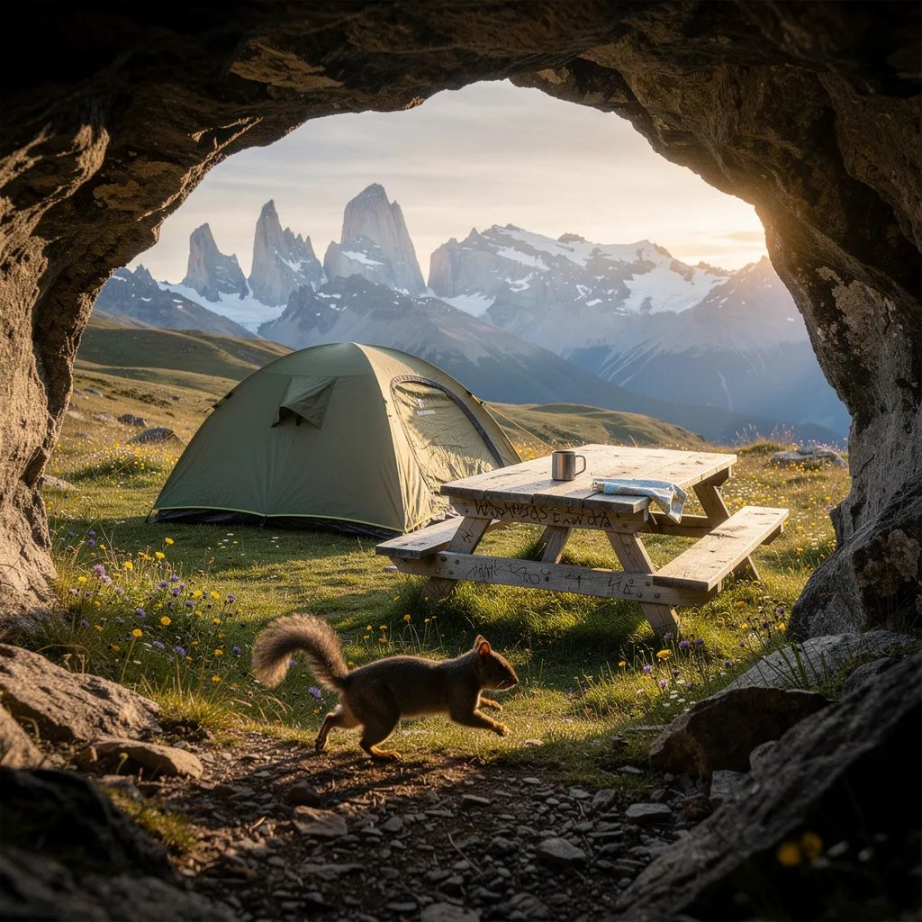 A cozy army-green tent sits on a grassy field dotted with tiny wildflowers, seen from the cool shade of a shallow cave. Warm golden sunlight lights up the big granite mountains and snowy peaks in the distance. A little squirrel darts across the ground, making the quiet campsite feel alive.