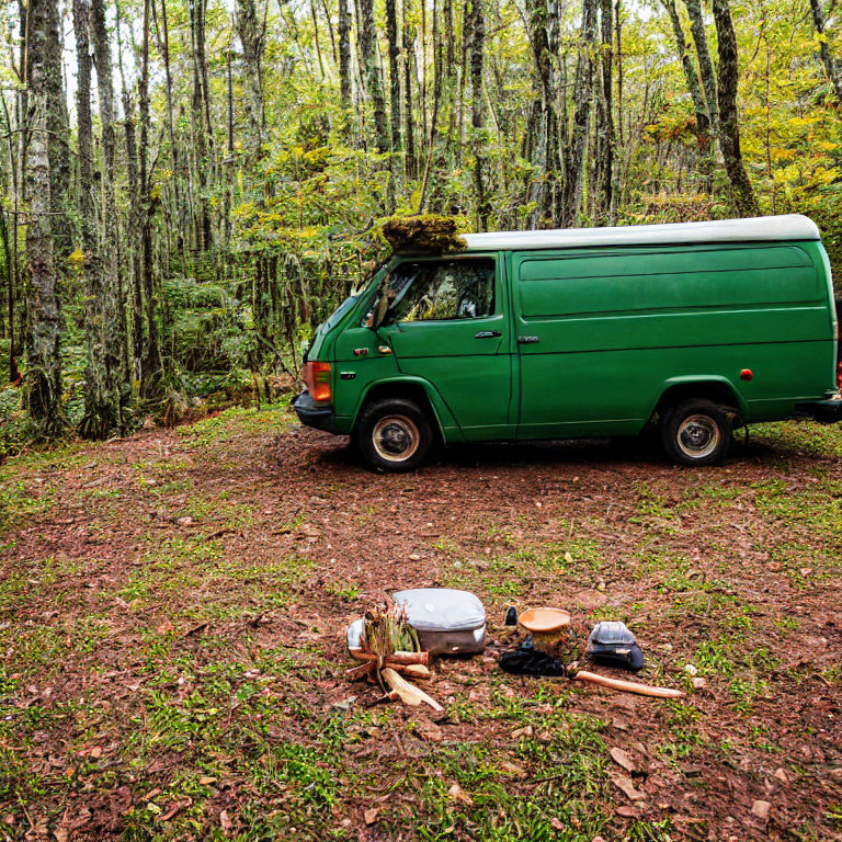 A green camper van rests on a dirt clearing in the Smoky Mountains at dusk. Fall-colored, mossy trees surround the campsite under a stormy sky. A backpack and a small twig lie on the ground nearby.