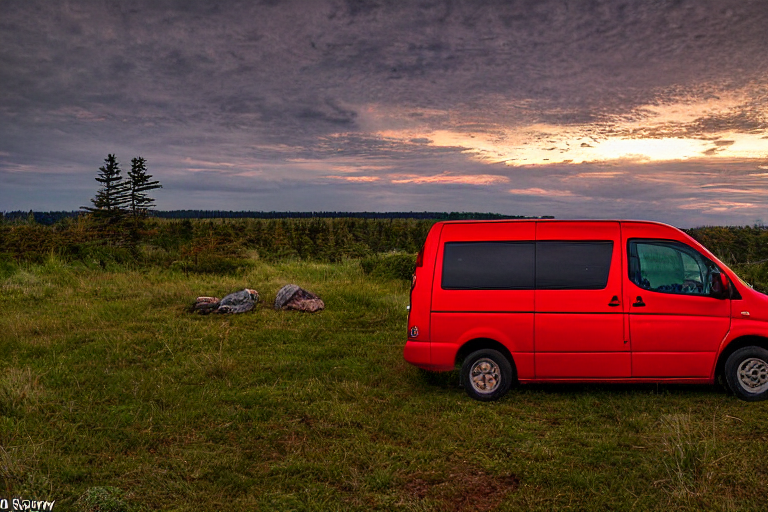 A red camper van rests on a rocky campsite along the coast of Maine. Camping chairs sit near a dirt patch as soft sunset light shines through the clouds. A deer stands quietly in the distance.