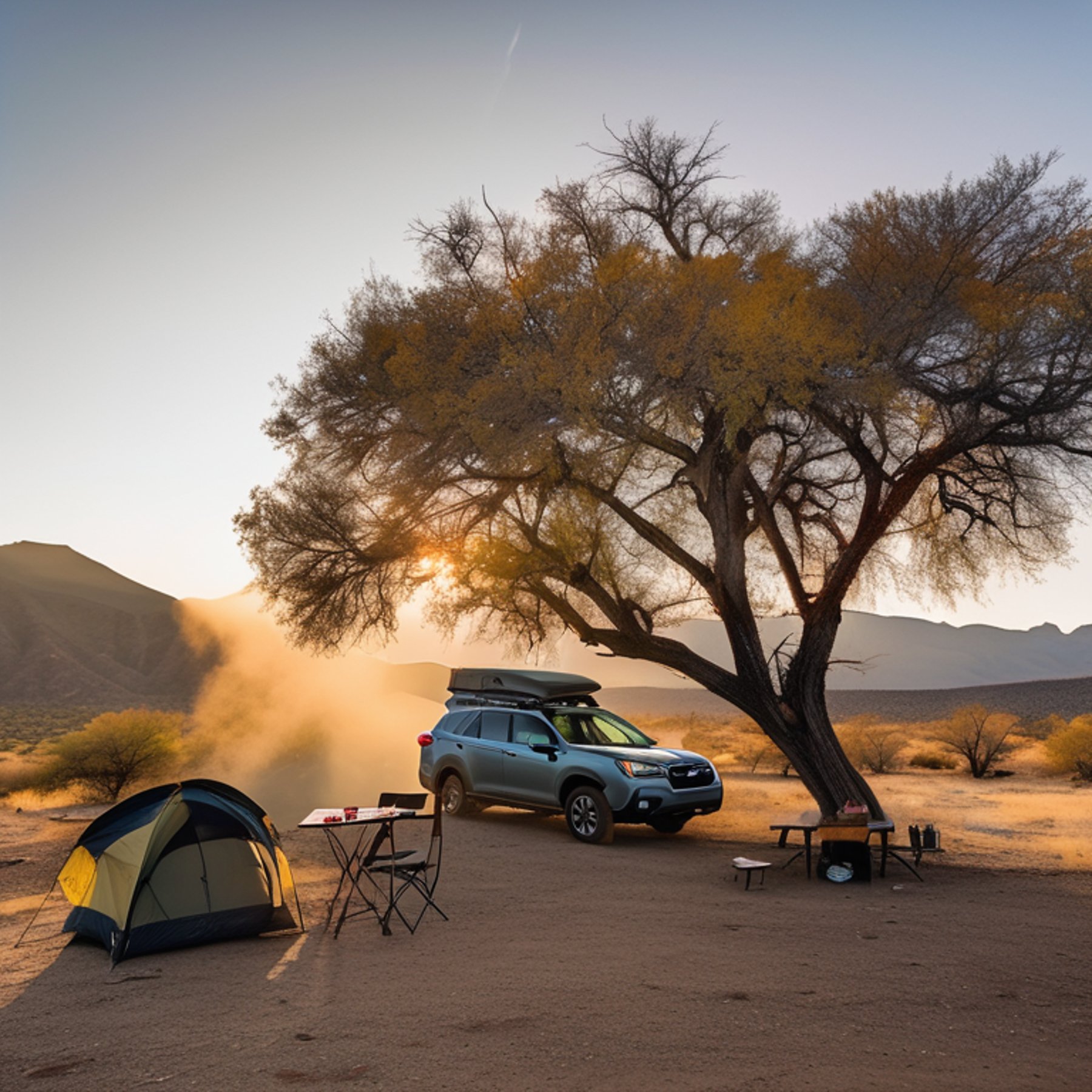 A Subaru with its rooftop tent open rests on a quiet dirt campsite in Big Bend National Park. Rolling hills, fall-colored trees, and soft fog surround the camp as the sun sets. Camping chairs and a picnic table invite you to relax and enjoy the peaceful view.