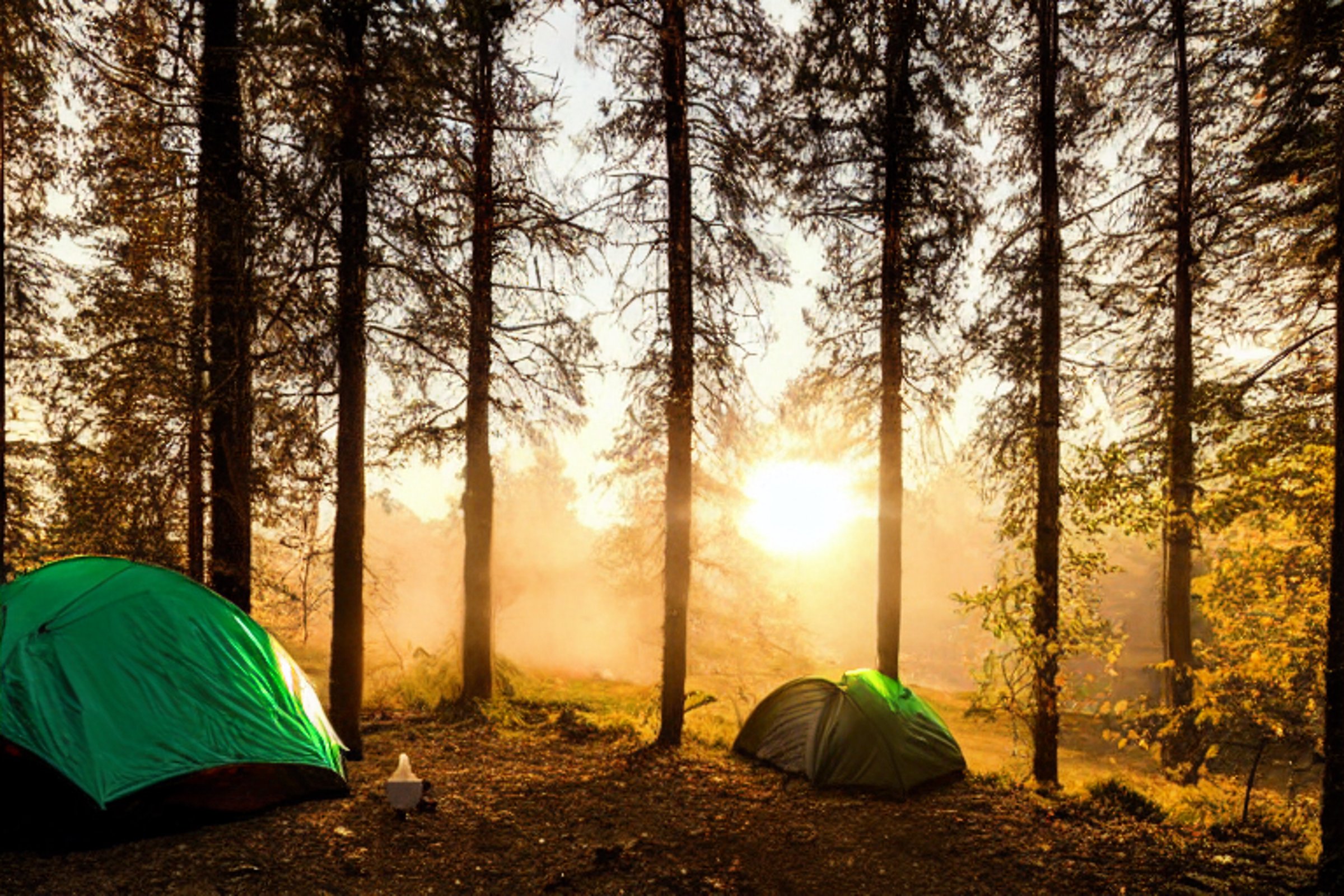 A forest-green tent rests in a quiet Norwegian woodland as the sun sets. Fall-colored trees glow through the soft fog, while a campfire warms the dirt clearing. A lantern sits nearby, with patches of stone and gravel scattered around the campsite.