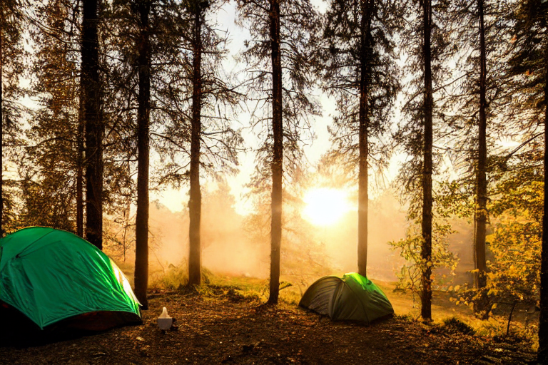 A forest-green tent rests in a quiet Norwegian woodland as the sun sets. Fall-colored trees glow through the soft fog, while a campfire warms the dirt clearing. A lantern sits nearby, with patches of stone and gravel scattered around the campsite.