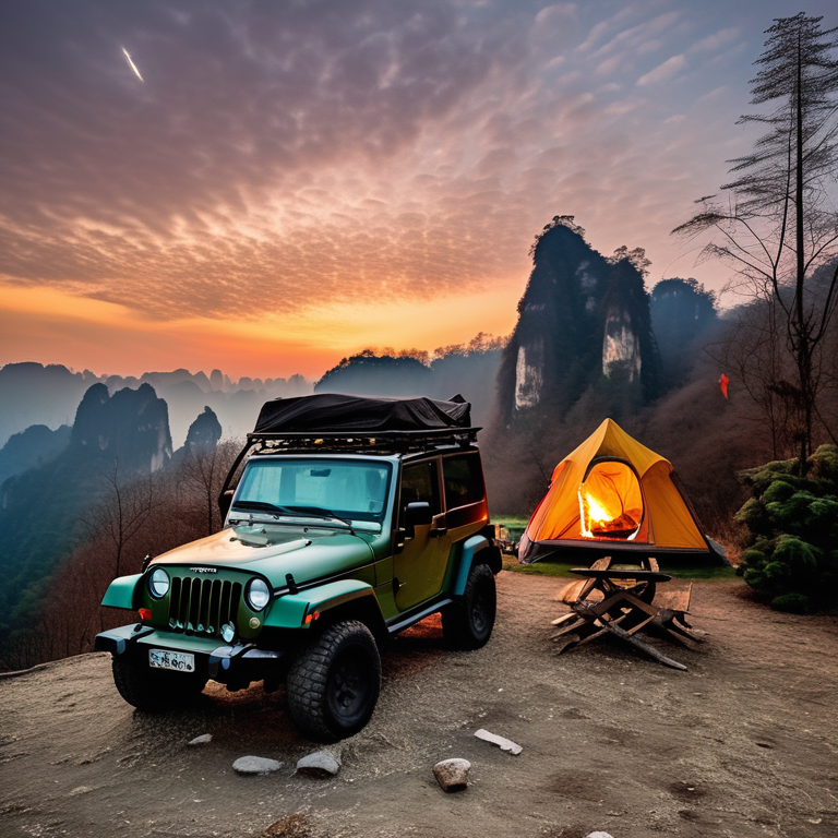 A green camo Jeep with a rooftop tent rests in a snowy campsite at sunset. A warm campfire glows among large stones, while clothes hang on a nearby line and a lantern lights the ground. Mountains and trees create a peaceful wild setting.