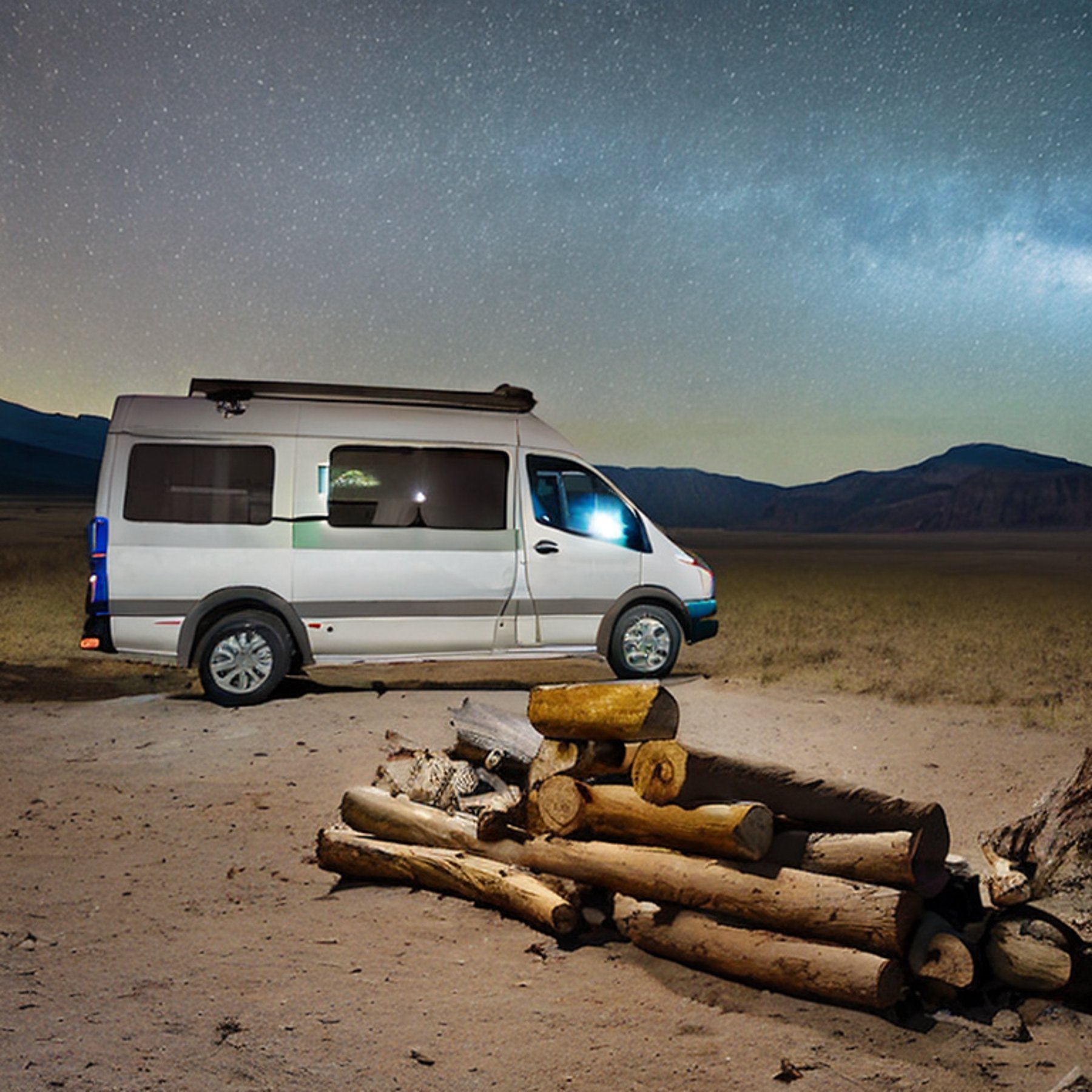 A teal camper van rests on a rocky patch in Death Valley under a star-filled sky. A warm campfire glows beside a ring of stones and a large log. Light fog gives the quiet desert campsite a dreamy feel.