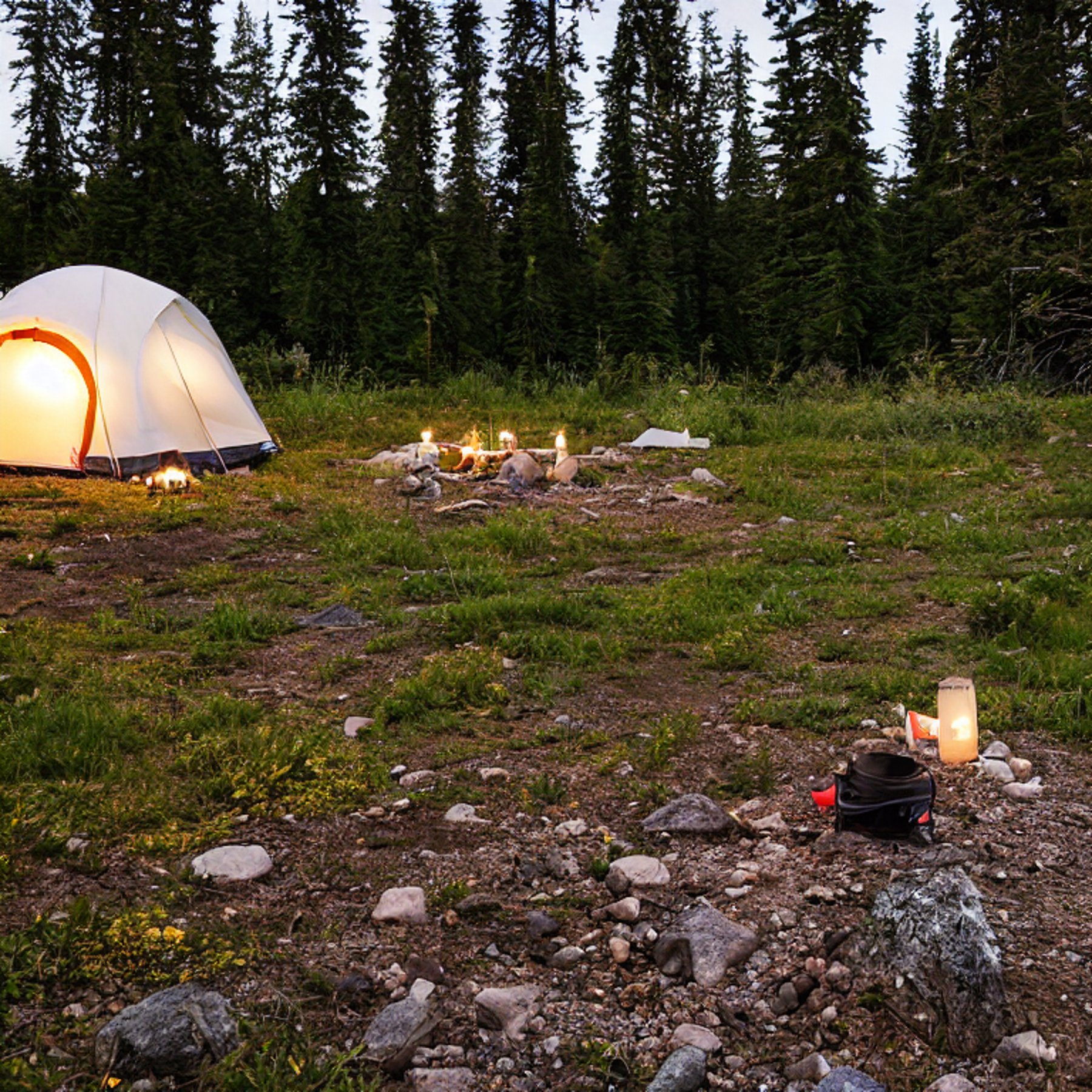 A white tent rests on a dirt clearing, surrounded by green bushes and small flowers. A campfire ring, stones, and a lantern make the rainy Washington campsite feel cozy.