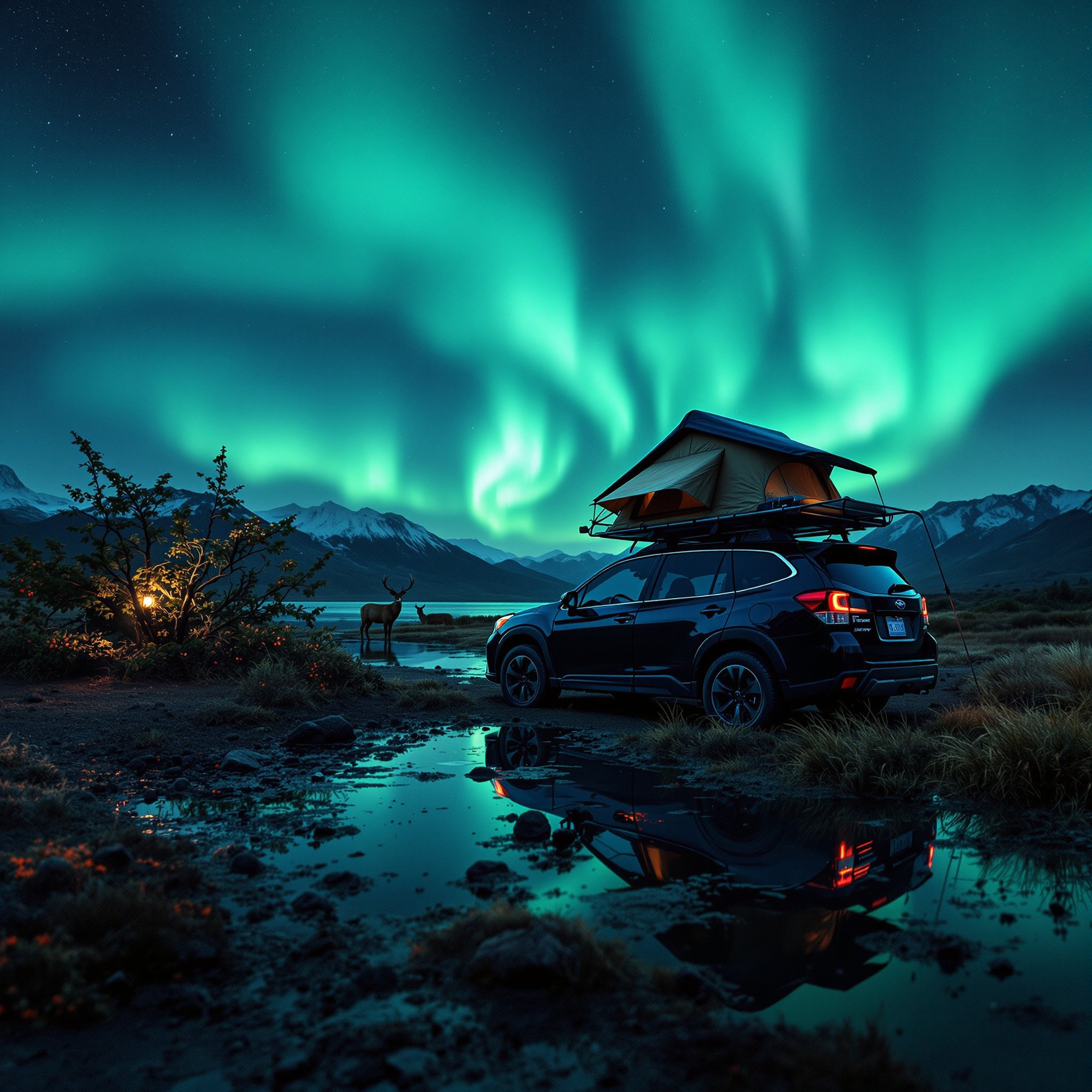 A cozy campsite sits under glowing green northern lights, with mountains and a calm lake nearby. A tent is set up on top of a car, and a curious deer stands close to the water. The peaceful night sky makes everything feel magical and calm.