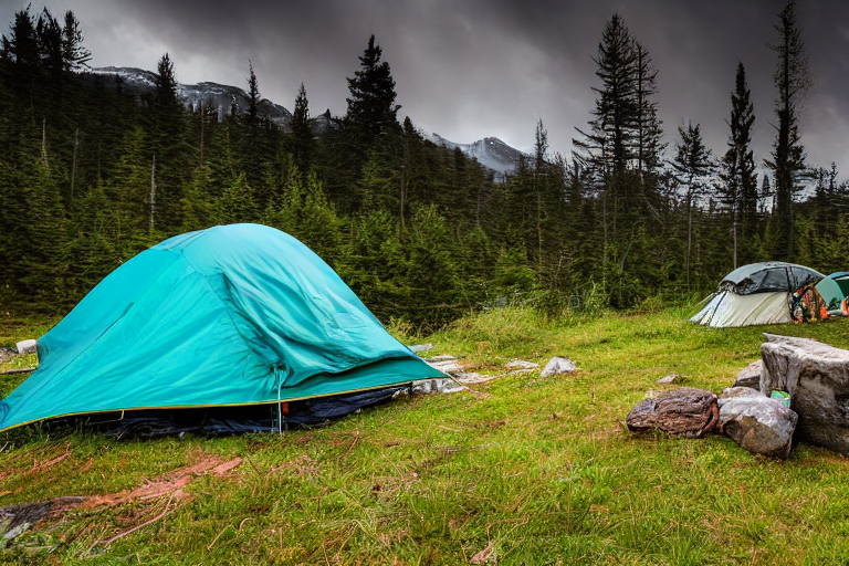 A teal tent glows beside a warm campfire on a mountain at night. Ferns and large stone slabs surround the dirt campsite, while storm clouds roll across the dark sky.