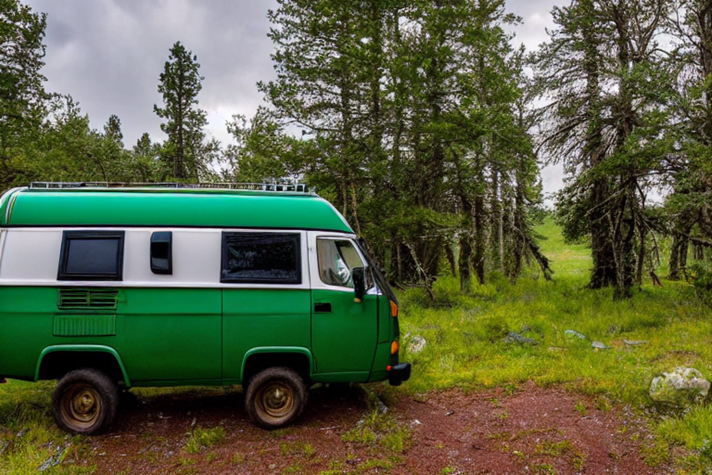 A forest-green camper van rests at a quiet campsite beneath a starry, rainy sky. Mossy trees, rolling hills, and a large rock surround the camp, while a cozy log cabin sits far away on the horizon.