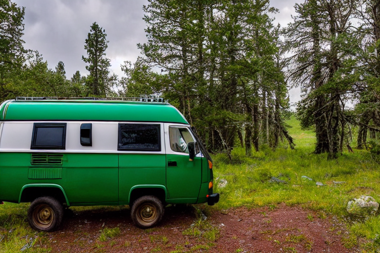 A forest-green camper van rests at a quiet campsite beneath a starry, rainy sky. Mossy trees, rolling hills, and a large rock surround the camp, while a cozy log cabin sits far away on the horizon.