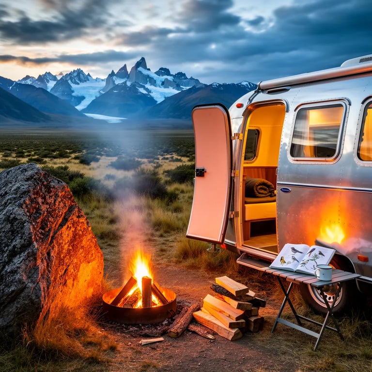 A shiny silver camper sits alone on the open Patagonian plains, with tall, jagged mountains rising in the distance. A small campfire glows beside a big rock, sending a thin trail of smoke into the cool dusk air. Warm yellow light shines from the open trailer door, making the campsite feel safe and cozy. Nearby, a simple table holds a field guide and a metal mug, ready for the next quiet adventure.
