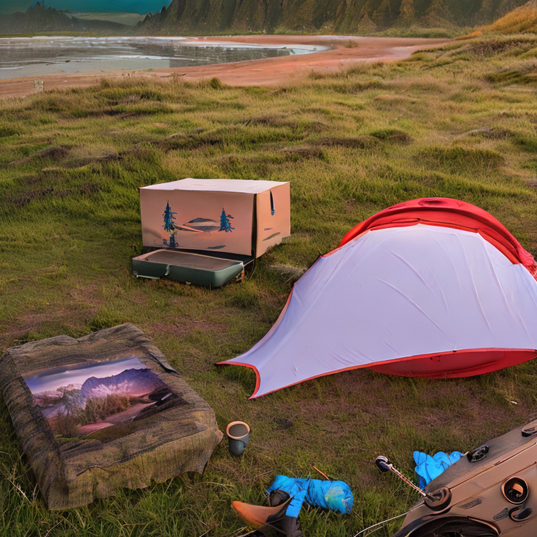 A cozy tent sits beside a warm campfire on a dirt patch at Cannon Beach. Rainy golden light shines over the beach and distant mountains, with a pale moon above. A box of camping gear rests nearby.