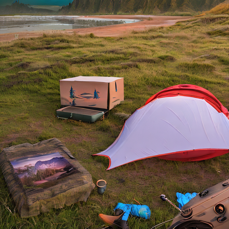 A cozy tent sits beside a warm campfire on a dirt patch at Cannon Beach. Rainy golden light shines over the beach and distant mountains, with a pale moon above. A box of camping gear rests nearby.