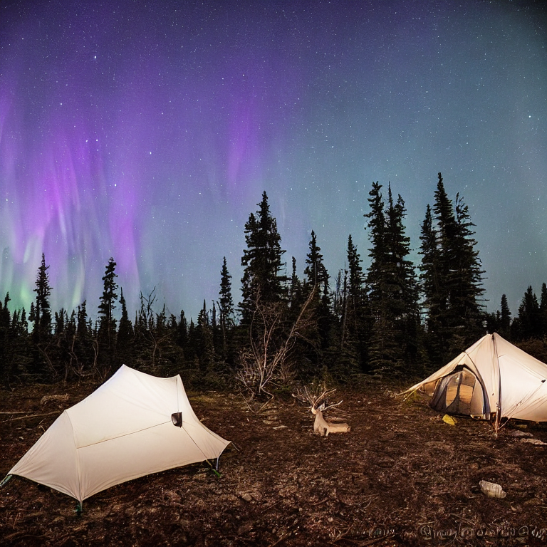 A cozy white tent rests beside a quiet creek under a glowing northern lights sky. A warm campfire lights the dirt campsite, with clothes hanging nearby and a deer standing in the distance.