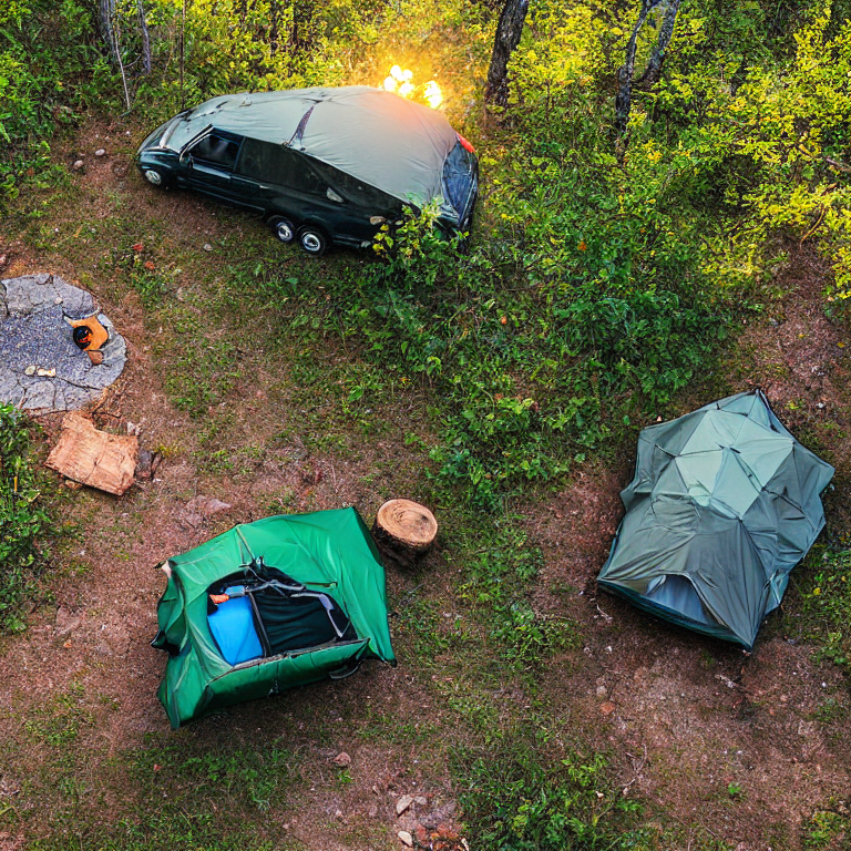 A green Subaru rests at a peaceful campsite in the Ozarks, with its rooftop tent ready for the night. A warm campfire glows beside the rocky ground, while a guitar and hammock invite guests to relax. Sunset light fills the trees with a golden glow.