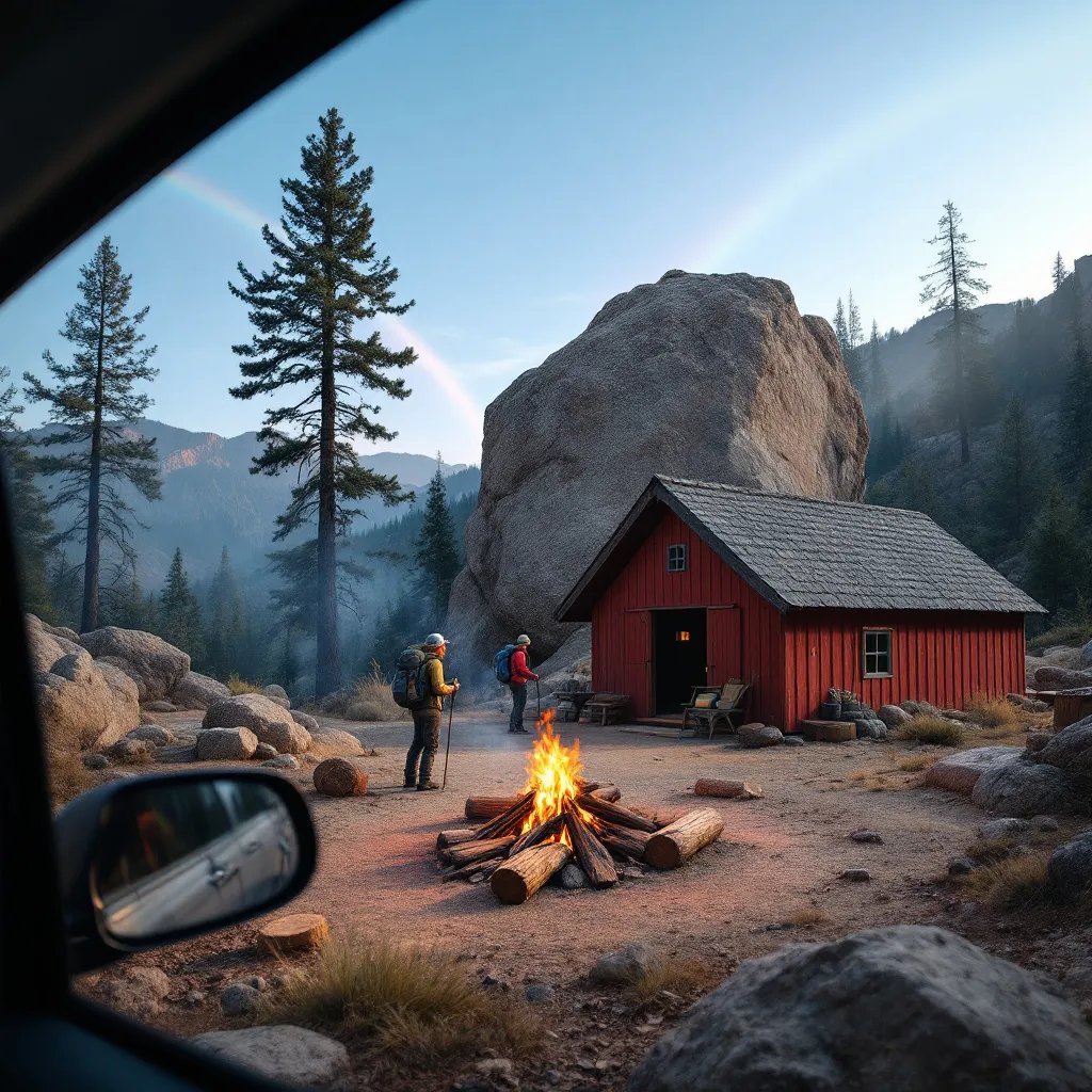 A red lean-to shelter rests among giant sequoias and smooth boulders. Hikers gather near a warm campfire, while a bright rainbow stretches across the clear blue sky.