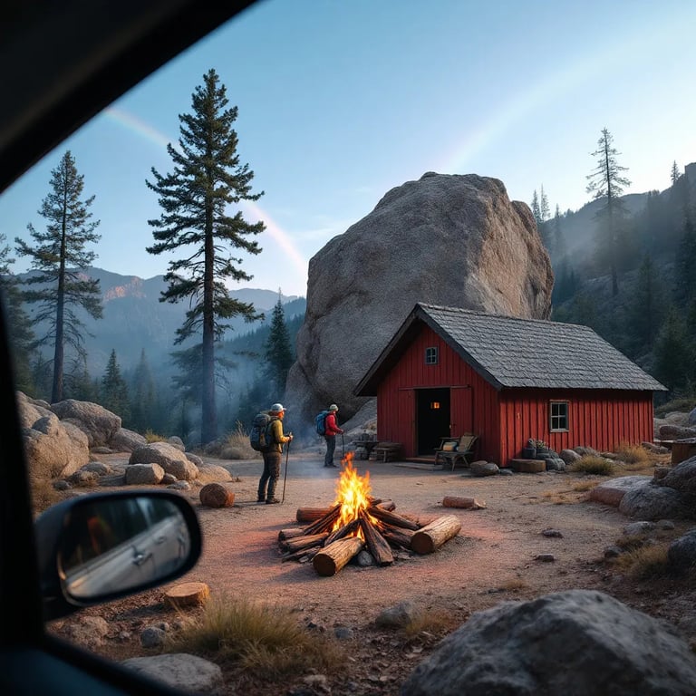 A red lean-to shelter rests among giant sequoias and smooth boulders. Hikers gather near a warm campfire, while a bright rainbow stretches across the clear blue sky.