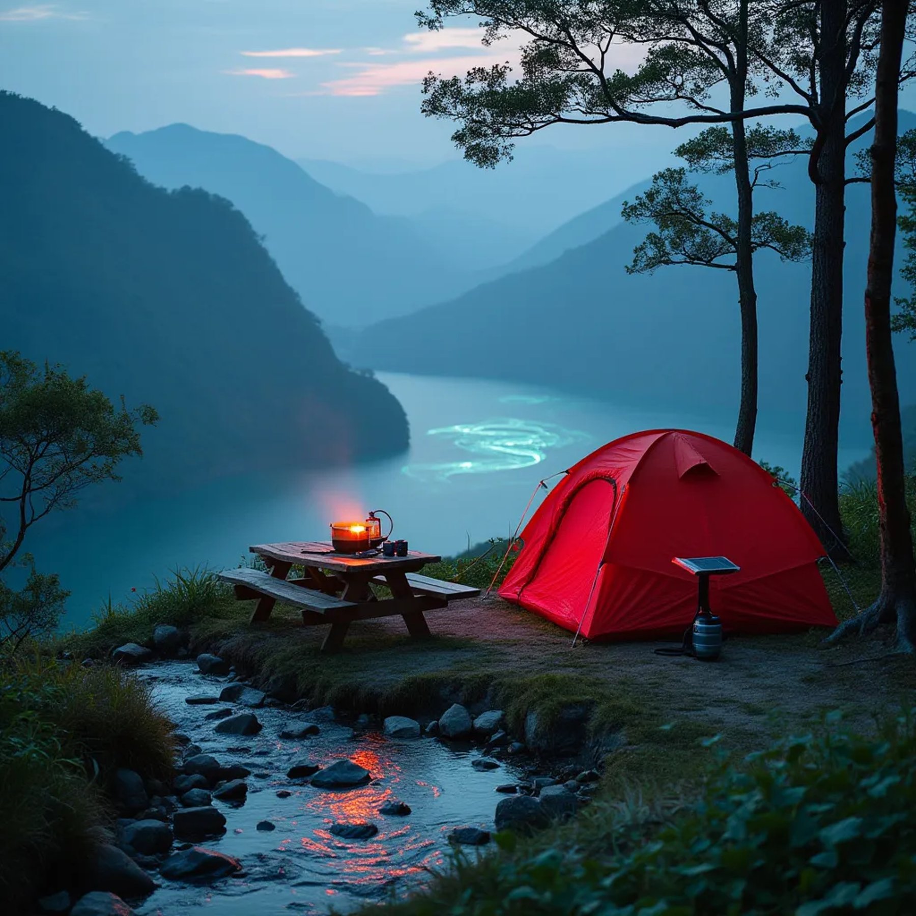 A bright red tent rests beside a clear stream in the green mountains of Zhangjiajie. A picnic table holds a small camping stove and a solar panel, while a spider web shines between the trees. Nearby, glowing algae light up a quiet pond under the cloudy sky.