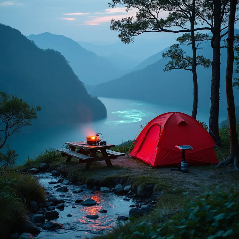 A bright red tent rests beside a clear stream in the green mountains of Zhangjiajie. A picnic table holds a small camping stove and a solar panel, while a spider web shines between the trees. Nearby, glowing algae light up a quiet pond under the cloudy sky.