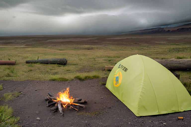 A colorful tent glows beside a warm campfire on a dirt campsite in Iceland. A picnic table, scattered logs, and a winding hiking path sit under the stormy night sky.