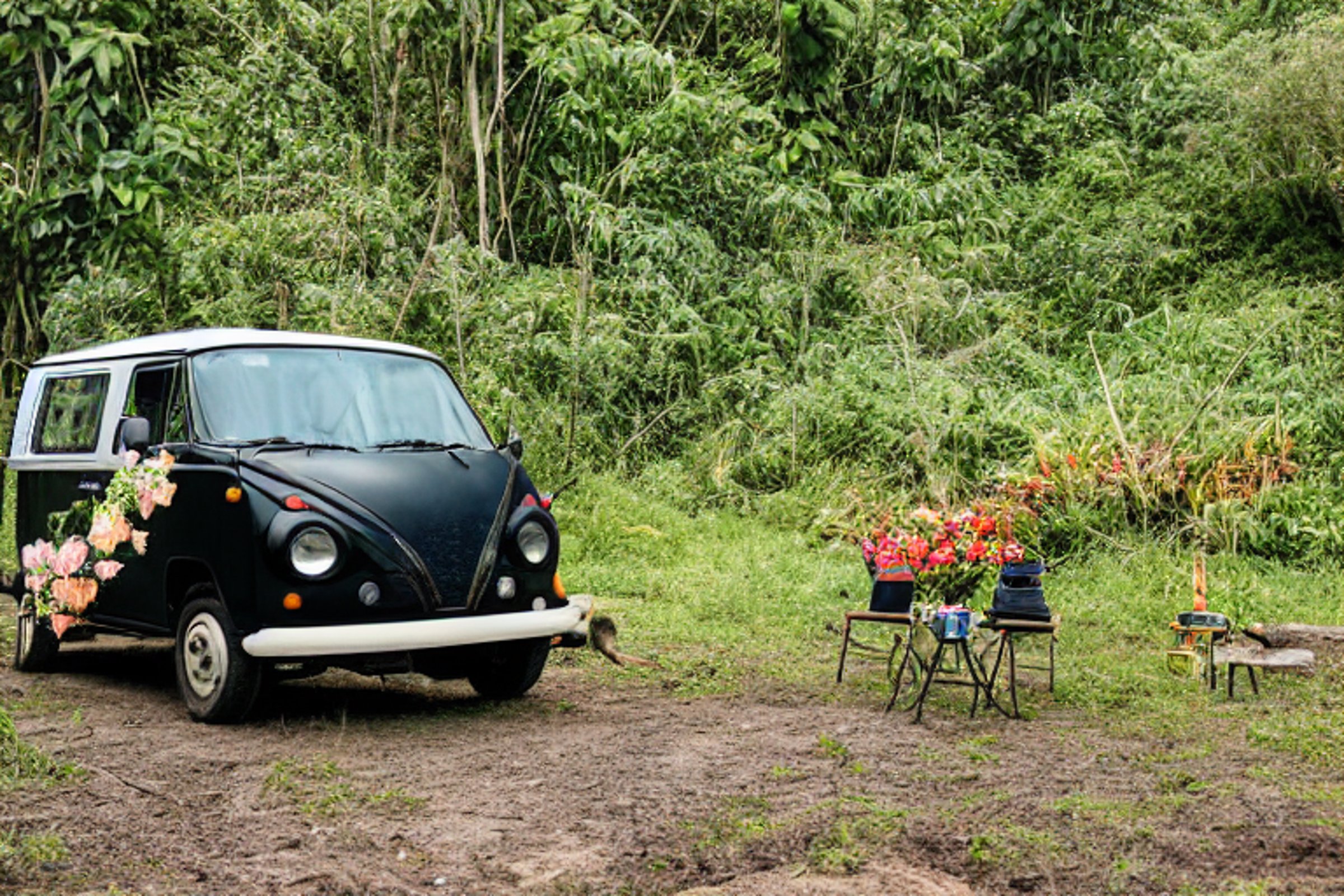 A black campervan rests on a quiet dirt campsite in Soufrière, St. Lucia. Soft sunset light shines through the fog, small trees, and colorful flowers. A wooden guitar and a few hikers add a warm, adventurous feeling.