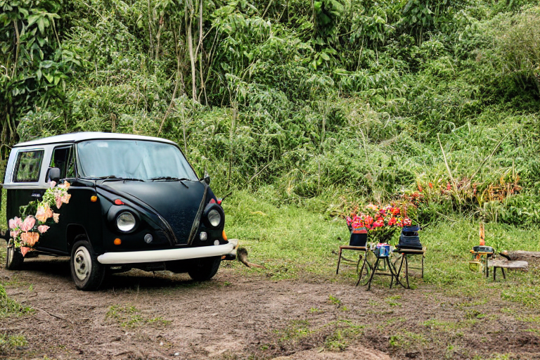 A black campervan rests on a quiet dirt campsite in Soufrière, St. Lucia. Soft sunset light shines through the fog, small trees, and colorful flowers. A wooden guitar and a few hikers add a warm, adventurous feeling.