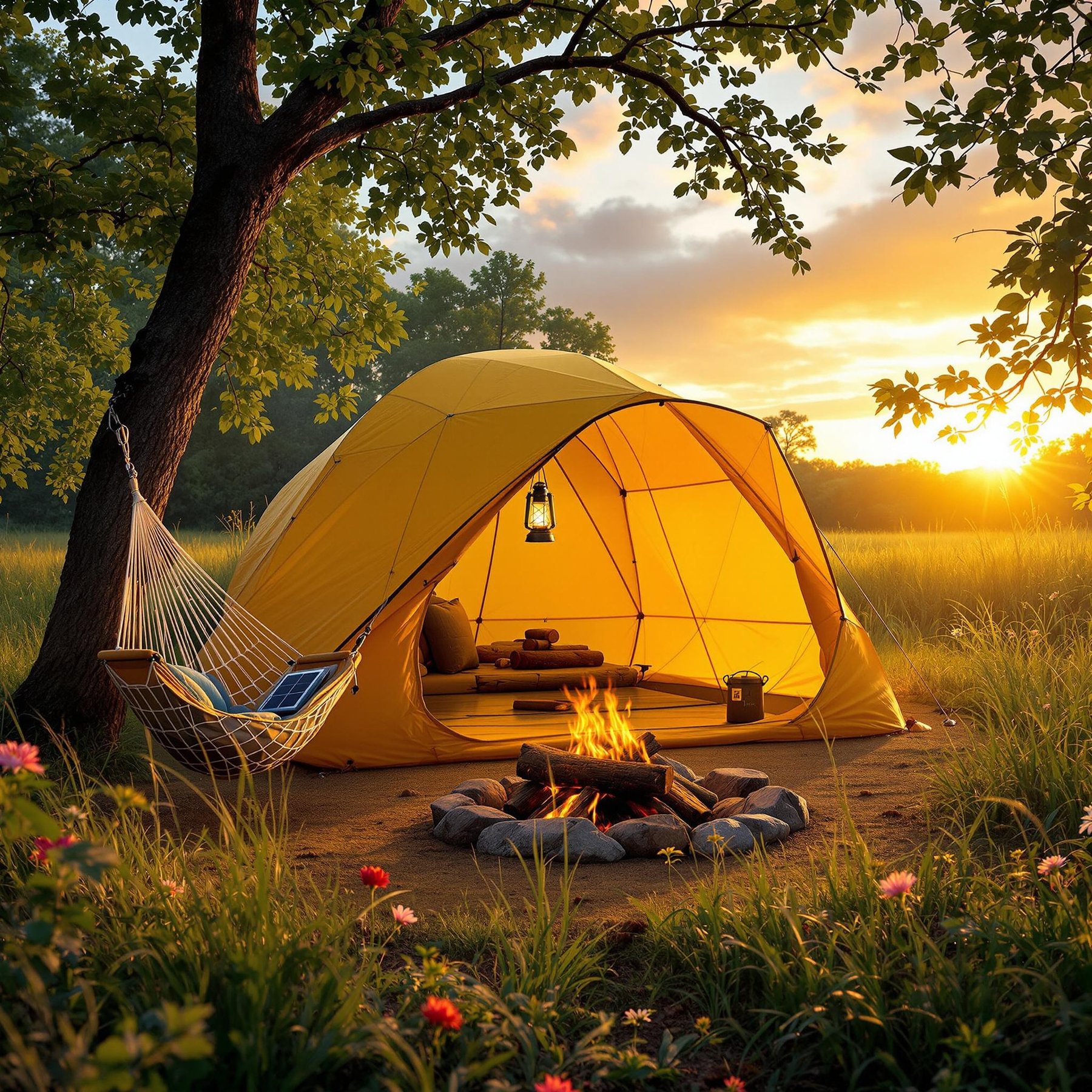 As the sun sets, a golden tent glows warmly next to a cozy hammock under a leafy tree. The crackling campfire brings a sense of adventure and magic to the quiet meadow. Colorful flowers dance gently in the summer breeze, adding to the peaceful scene.
