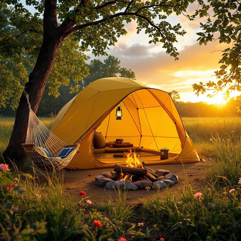As the sun sets, a golden tent glows warmly next to a cozy hammock under a leafy tree. The crackling campfire brings a sense of adventure and magic to the quiet meadow. Colorful flowers dance gently in the summer breeze, adding to the peaceful scene.