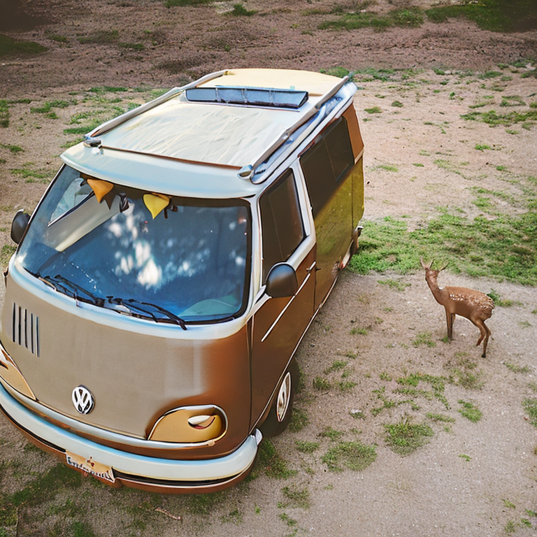 A brown campervan rests on a sunny campsite in Miyajima, Japan. A deer wanders in the distance beneath a pale moon, while a camping lantern sits by the dirt patch. Trees and open sky create a calm, peaceful setting.