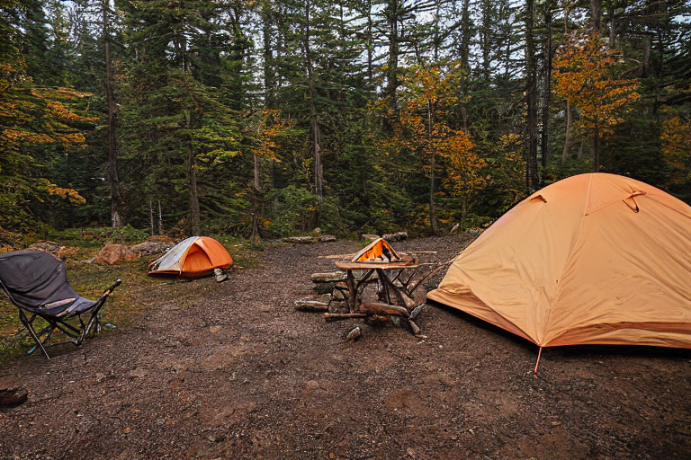 A cozy tan tent rests on a snowy dirt clearing beneath a star-filled sky. Fall-colored trees surround the campsite, with a sparkling stream nearby. Camping chairs, gear, and a warm campfire make this mountain retreat feel peaceful and inviting.