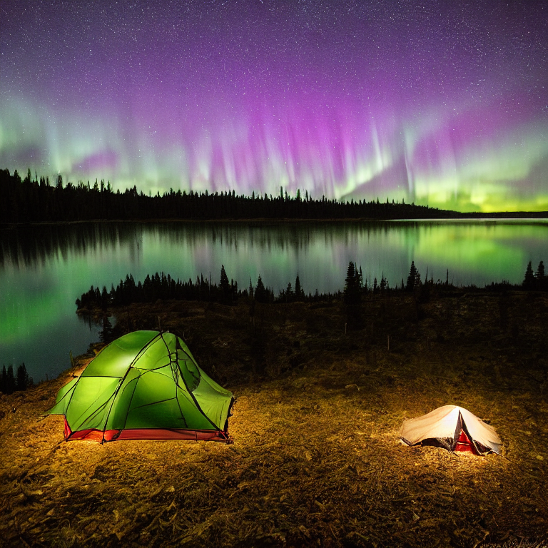 A green tent rests on a quiet dirt campsite beside a peaceful lake. Tall trees, fallen leaves, and boulders surround the site, while bright northern lights ripple across the clear night sky. A deer stands far away in the forest.