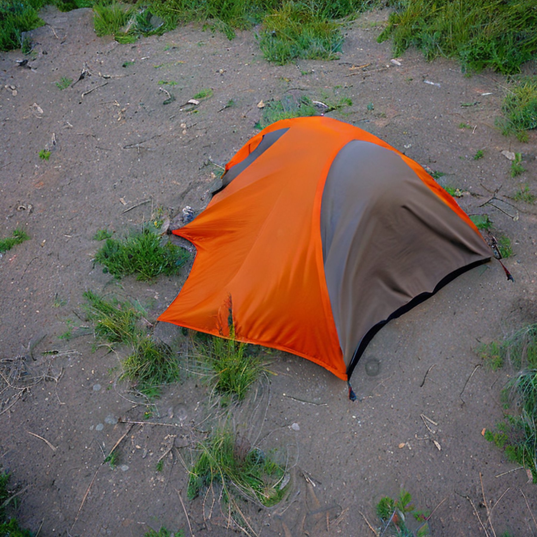 A gray and orange tent rests on a dirt clearing in Montana as rain falls softly. Fallen leaves cover the ground, while the sunset glows beneath a distant moon.