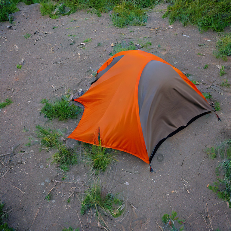 A gray and orange tent rests on a dirt clearing in Montana as rain falls softly. Fallen leaves cover the ground, while the sunset glows beneath a distant moon.