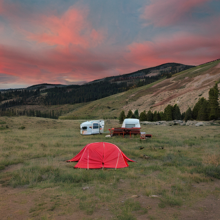 A red and white tent rests beside a warm campfire on a quiet dirt clearing. Large stone slabs, a picnic table, and rolling Colorado hills surround the campsite, while soft fog adds a peaceful feel.