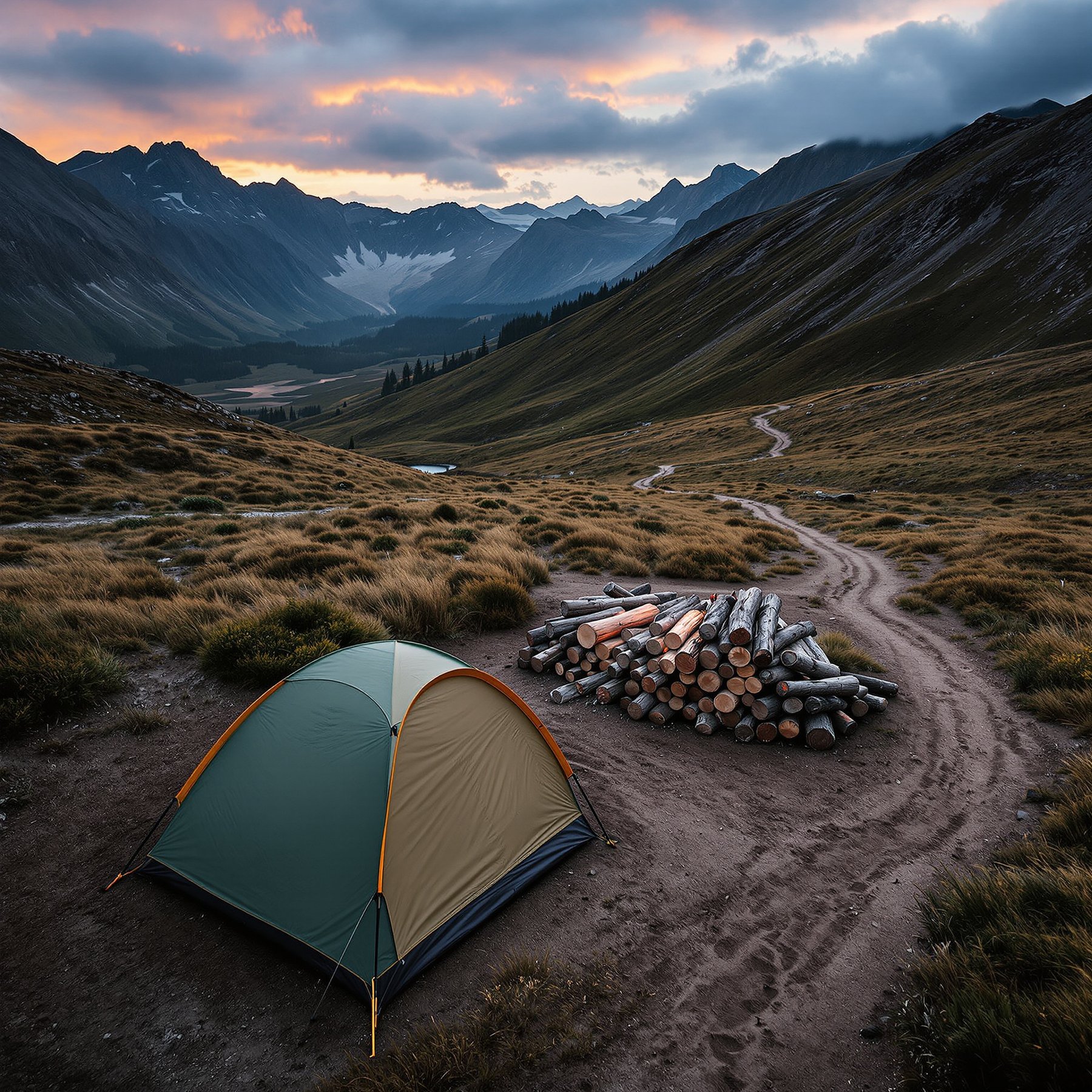 A colorful tent sits on a grassy hill, surrounded by tall mountains and a winding trail. A big pile of firewood waits nearby, perfect for a cozy campfire. The sky glows with soft sunset colors, making it feel calm and peaceful.