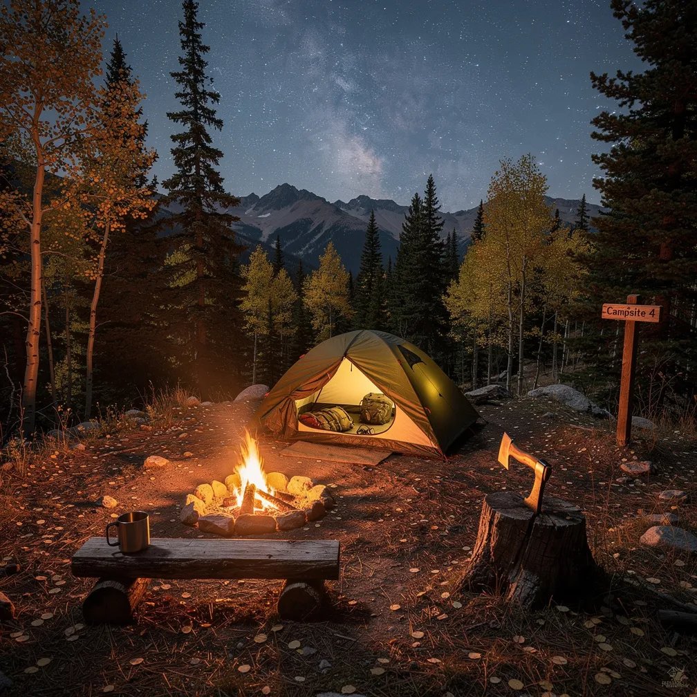 A quiet alpine forest campsite sits in a leaf-covered clearing under a sky packed with bright stars and the Milky Way. An olive green tent glows softly while a small campfire flickers beside a mug on a log. An axe rests in a chopped stump, and a wooden trail marker stands at the edge as the treetops sway in the cool night air.