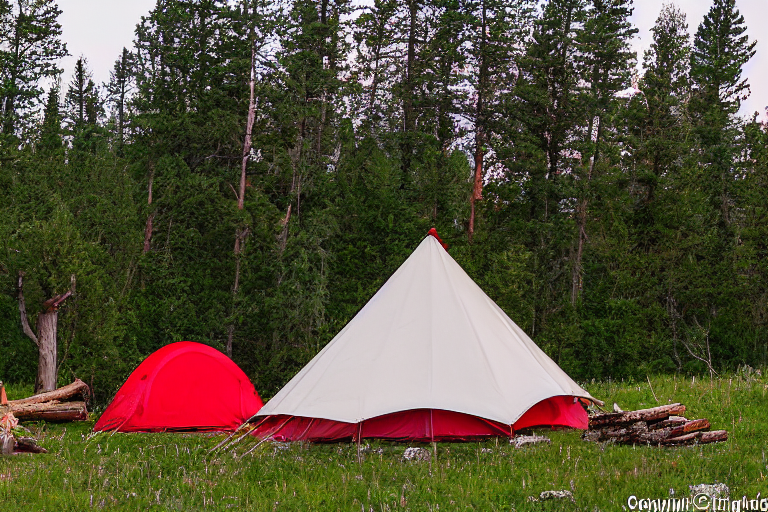A red and white tent rests beside a warm campfire on a dirt clearing in Capitol Reef National Park. Rolling hills and stormy skies surround the camp, while a deer watches from the distance. A large log and small twig add a rustic touch.