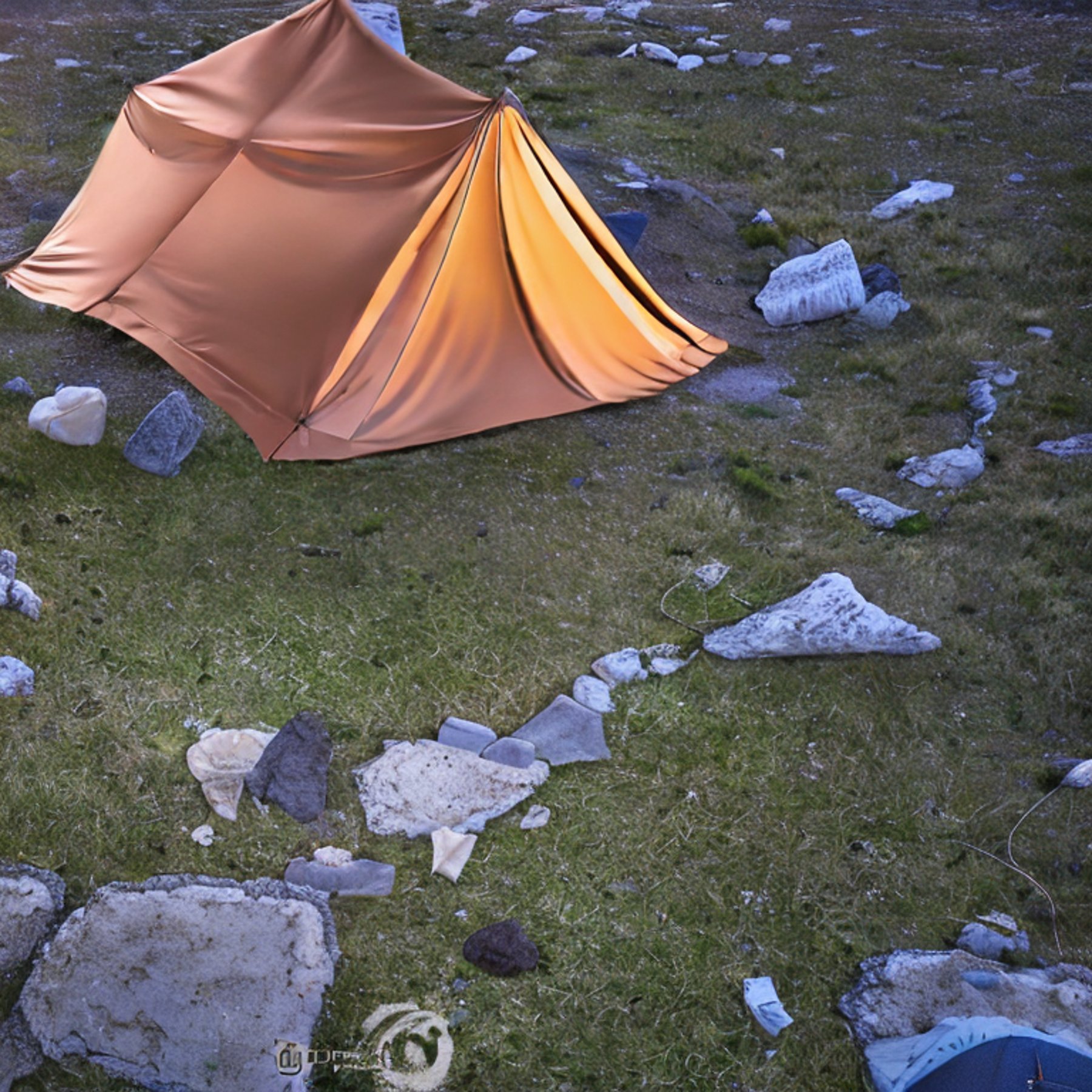 A cozy brown tent rests beside a glowing campfire under stormy skies in Santorini. Overgrown grass, stone gravel, large boulders, and a picnic table surround the dirt campsite, creating a wild and peaceful night setting.