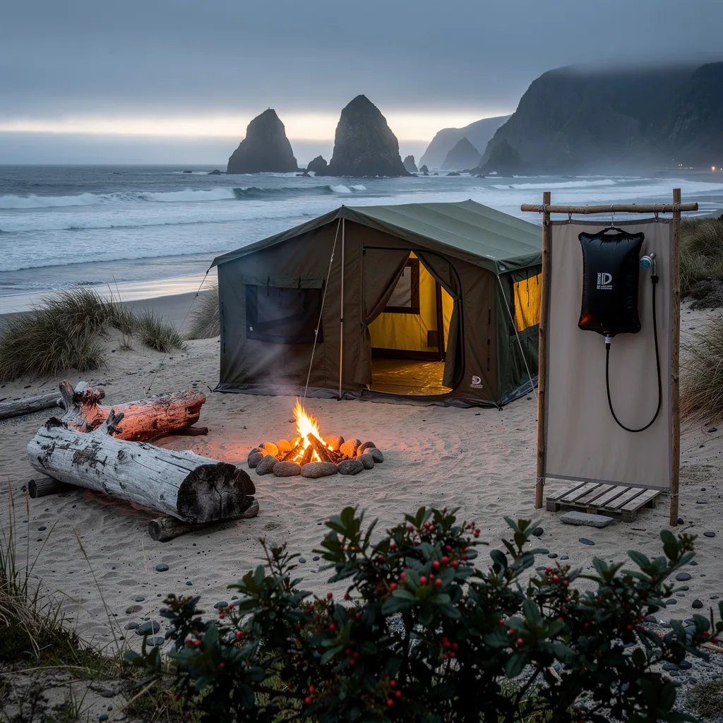 A cozy green tent sits on the sandy beach dunes as twilight turns the sky a soft blue. A small campfire glows by a big driftwood log, warming the misty air. Far off, dark sea stacks rise above the crashing waves, and a simple shower with a cloth screen hangs nearby.