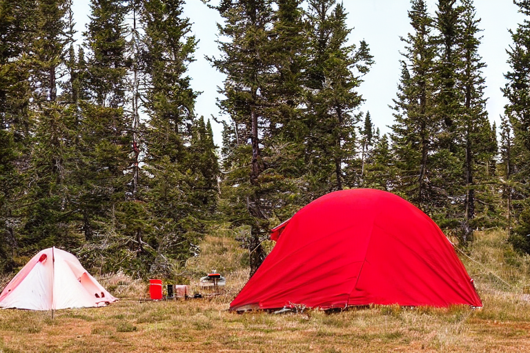 Two red-and-white tents sit on a dirt clearing beneath tall trees. A small camping stove rests nearby, while a winding hiking path leads toward the open Idaho plains. In the distance, waves roll by with surfers enjoying the sunny day.